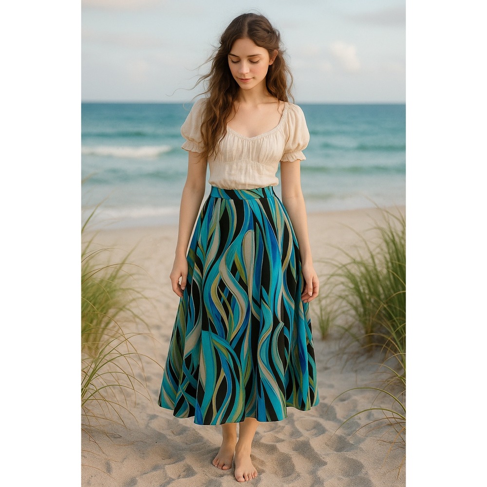 Boho Beachy Summer Vacation Blue Turquoise Ocean Abstract Flowy S‎ Maxi Skirt